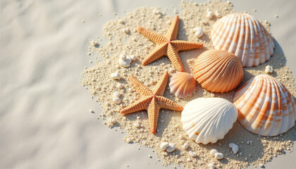 Seashells, starfish, and sand on linen cloth with soft sunlight, summer beach still life