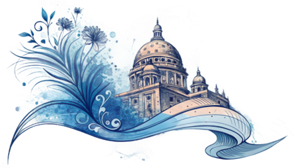 Serene Blue Watercolor Cathedral Design: Elegant Floral Swirl and Architectural Sketch.