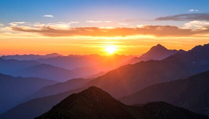 Scenic mountain range panorama at golden hour, colorful sunset landscape