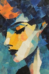 Fototapeta premium Colorful cubist portrait of a woman, created using pieces of glued paper, conveying a sense of artistic expression and modern art
