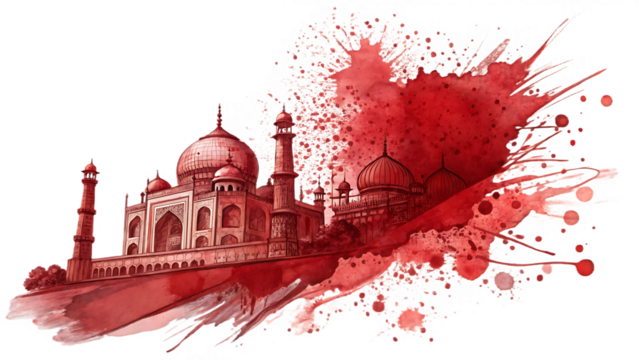 Dramatic Red Watercolor Taj Mahal Illustration:  India, Architecture, Travel, Culture,  Splatter Background.