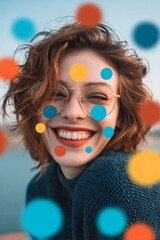 Cheerful young woman wearing glasses, facial silhouette overlaid with colorful graphic circles, expressing joyful, modern graphic design concept