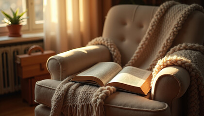 Open book and blanket on armchair with warm afternoon light &ndash; cozy still life atmosphere