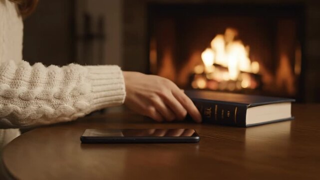 Woman Reads Book by Fireplace, Putting Aside Phone - A woman in a cream-colored sweater places her phone face down on a wooden table beside a fireplace before picking up a book to read.
