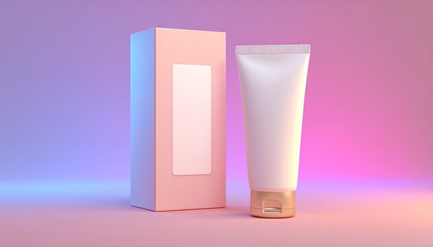 Tubo di crema cosmetica bianca e scatola su sfondo sfumato rosa e viola con illuminazione morbida.