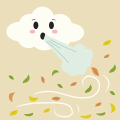 Cute cartoon cloud blowing wind, autumn leaves flying, windy weather illustration for kids and educational content.