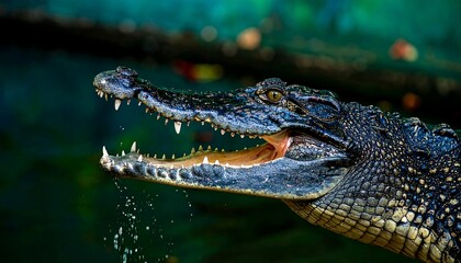 Obraz premium Open-mouthed crocodile with visible teeth and water droplets in a dark green environment