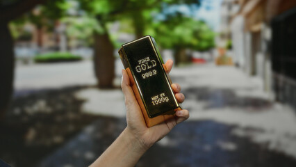 Man holding gold bar on city street, symbolizing wealth and finance in an urban outdoor setting with bright sunlight and blurred trees.
