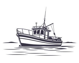 Minimalist Black Silhouette of a Medium-Sized Fishing Boat on Calm Water
