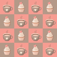 seamless pattern with a cup of coffee and a cupcake decorated with hearts on a checkered background, Valentine's Day