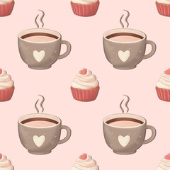 seamless pattern with a cup of coffee and a cupcake decorated with hearts on a pink background, Valentine's Day