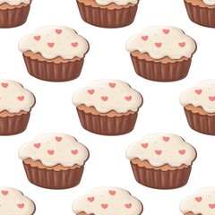 seamless pattern with cupcakes decorated with hearts on a white background, Valentine's Day