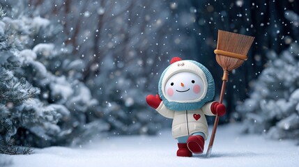 Happy Snowman in Christmas Landscape &ndash; Red-Hatted, Broom-Carrying, Amid Falling Snowflakes, Pine Trees & Snowy Forest, Sparkling with Festive Warmth in High-Resolution Magic