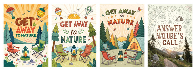 Four colorful vintage-style posters promoting camping and nature escape themes.