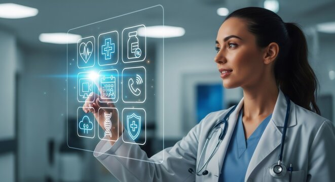 Female doctor working with virtual screen. Woman using futuristic health and medical interface. Digital healthcare technology concept. - Powered by Adobe