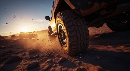 Close up of a large tire on an off road vehicle driving fast on a desert road at sunset kicking up dust and rocks.