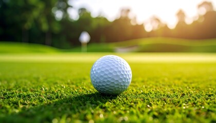 Obraz premium Golf ball on green with sunset.