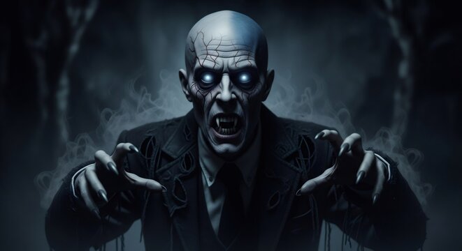 A male vampire with glowing eyes and sharp fangs lunges forward in a smoky, dark environment, creating a frightening and ominous atmosphere.