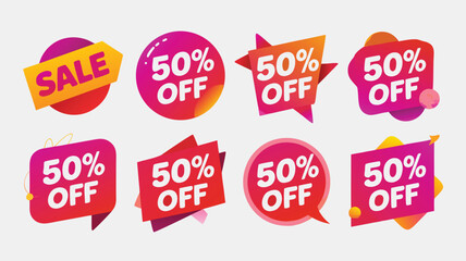 Assortment of Colorful 50% Off Sale Stickers and Labels for Promotion and Marketing