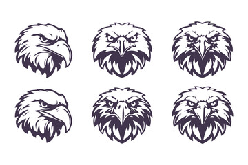 Obraz premium Set of eagle head icons. Aggressive hawk mascot logo collection. Graphic symbol of power and strength for sports, gaming, and tattoo design. Vector illustration.