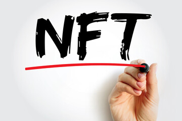 NFT non-fungible token - unique and non-interchangeable unit of data stored on blockchain, technology acronym concept for presentations and reports