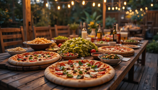 Outdoor Feast A Wooden Table Laden with Pizza, Pasta, and Salads Under Twinkling Lights