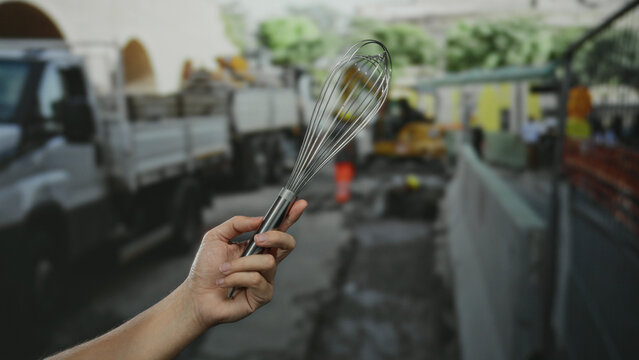 Hand holding whisk in front of a construction site with trucks on a busy street under a clear sky, showcasing an unexpected blend of kitchen and urban outdoor environments. - Powered by Adobe