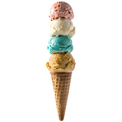 Stacked ice cream scoops cone isolated on a transparent background