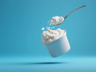 Yogurt cup floating in air with spoon against blue background, surreal food concept