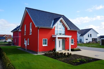 Obraz premium Modern Red Family House with Blue Roof and Green Lawn Outdoor