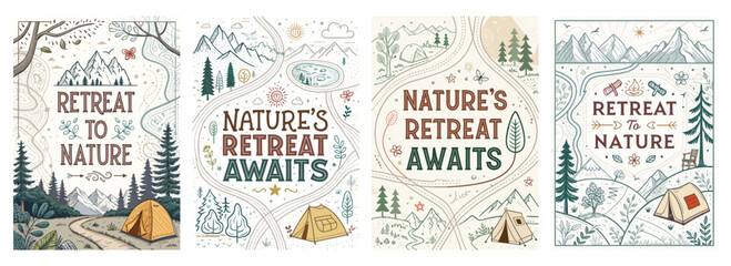A collection of four illustrated designs promoting nature retreats with vintage camping aesthetics.
