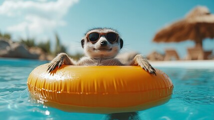Meerkat floating on an inflatable pool float, summer fun concept. 0ef