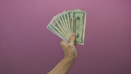 Caucasian man's hand holding a fan of american dollar banknotes against a pink background,...