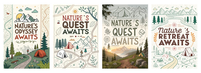 Four illustrated posters featuring nature themes with tents and scenic mountains, promoting adventure and exploration.