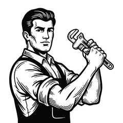 Vintage Plumber Illustration with Wrench Retro Tradesman Artwork Black and White silhouette