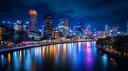 Obraz premium Vibrant city skyline at night, reflected in a calm river. Modern buildings, illuminated by colorful lights, line the riverbank
