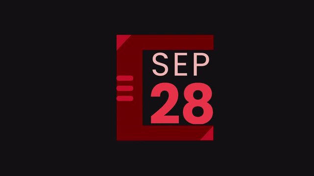 28th September calendar icon animation. Alpha matte with transparent background 4K resolution.