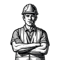 Confident Construction Worker Graphic Black And White Portrait Line Art Safety First silhouette