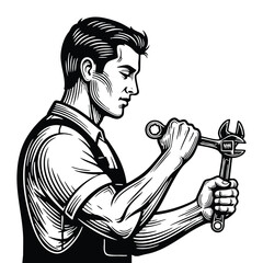Mechanic Profile Portrait Wrench Master Skill Craft Repair Silhouette Style Black and White Tool