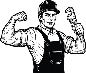 Strong Plumber Cartoon Portrait with Pipe Wrench Tool Black and White Graphic silhouette