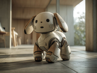 A cute robot dog with segmented limbs and a friendly expression