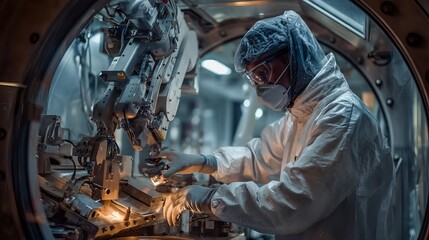 Female scientist in protective gear operating advanced robotics in a lab