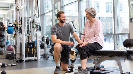 Smiling young man assists older woman with a prosthetic leg in a bright gym.