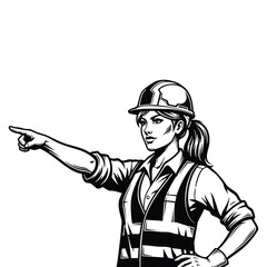 Confident Safety Woman Directing in Hard Hat Construction Worker Illustration Black and silhouette