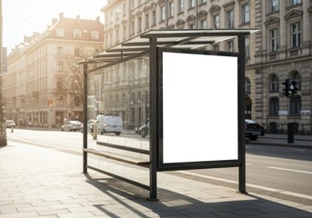 Urban bus stop shelter with a blank advertising billboard in sunlight