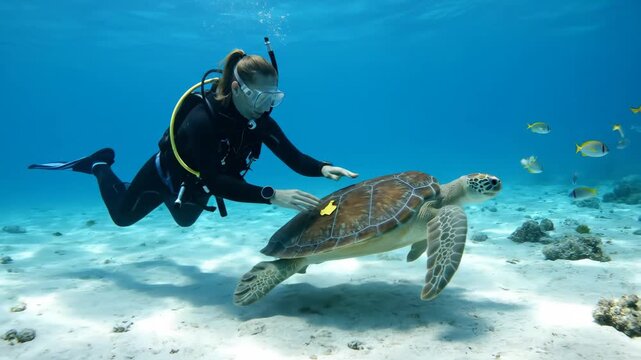 Marine Biologist Tagging Sea Turtle Underwater - A female marine biologist scuba dives in a clear ocean, gently tagging a sea turtle on a sandy seabed.