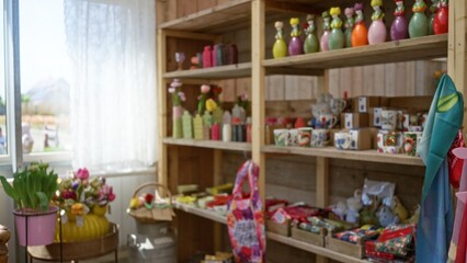 Defocused shop interior featuring colorful decor items and flowers on wooden shelves, illuminated by natural light streaming through the window, creating a serene shopping ambiance.