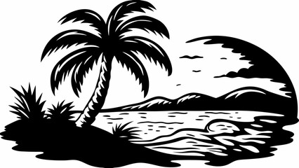 Silhouette of a palm tree on a beach with mountains and clouds in the background creating a scenic view