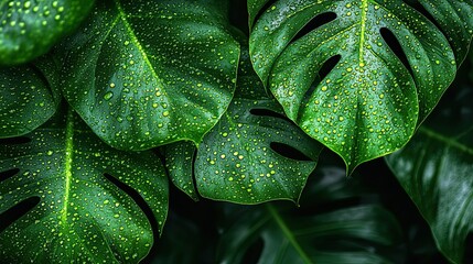Monstera leaves glistening with tiny water drople