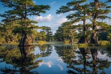 Fototapeta premium Florida Cypress Trees. Majestic Bald Cypress Trees Reflected in Louisiana Marsh